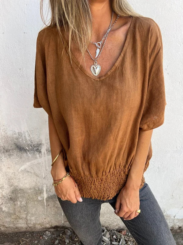 Ofelia | Top de algodón y lino con cuello en V y bajo fruncido