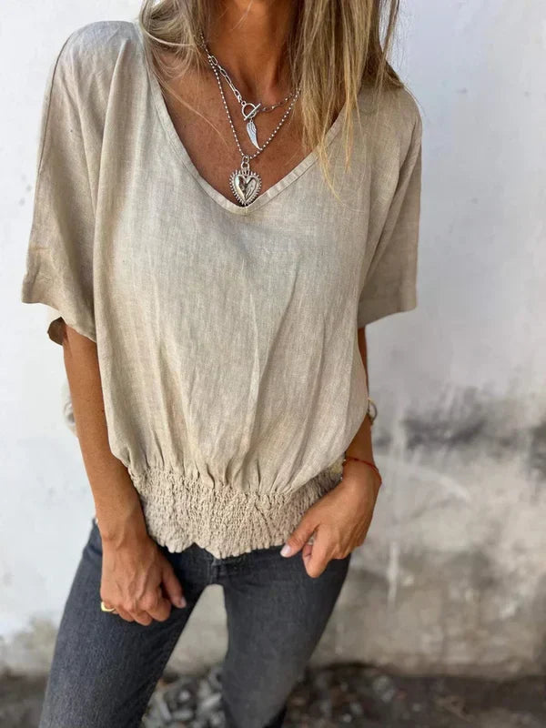 Ofelia | Top de algodón y lino con cuello en V y bajo fruncido