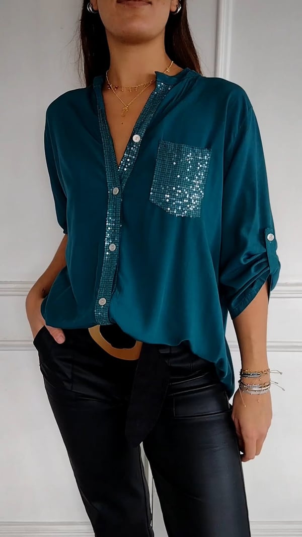 Selena | Top Casual de Algodón con Cuello en V y Manga Media de Lentejuelas