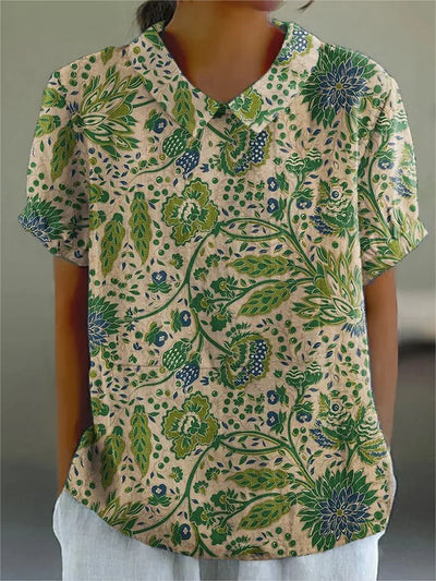 Gabriela | Camisa casual de mujer de algodón y lino con estampado floral artístico