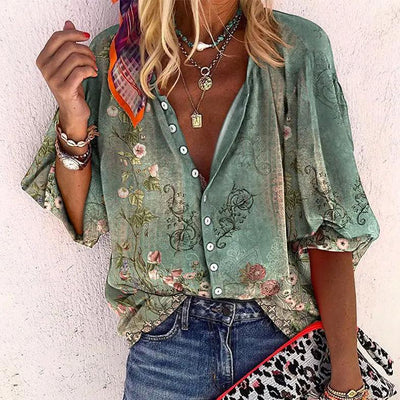 Noelia | Camisa Manga 3/4 Estampada Verde