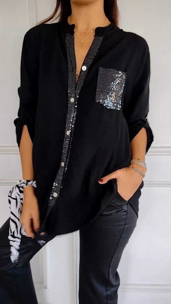 Selena | Top Casual de Algodón con Cuello en V y Manga Media de Lentejuelas