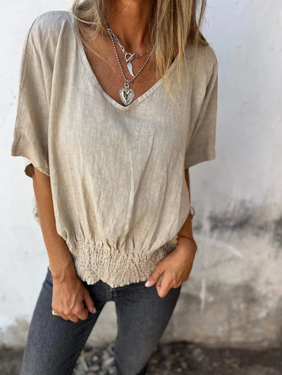Natalia | Top informal de algodón y lino con cuello de pico para mujer