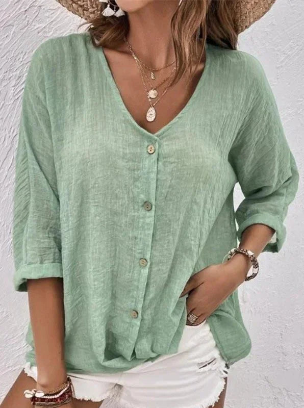 Silvia | Top de manga larga con cuello en V y botones cómodos de algodón y lino