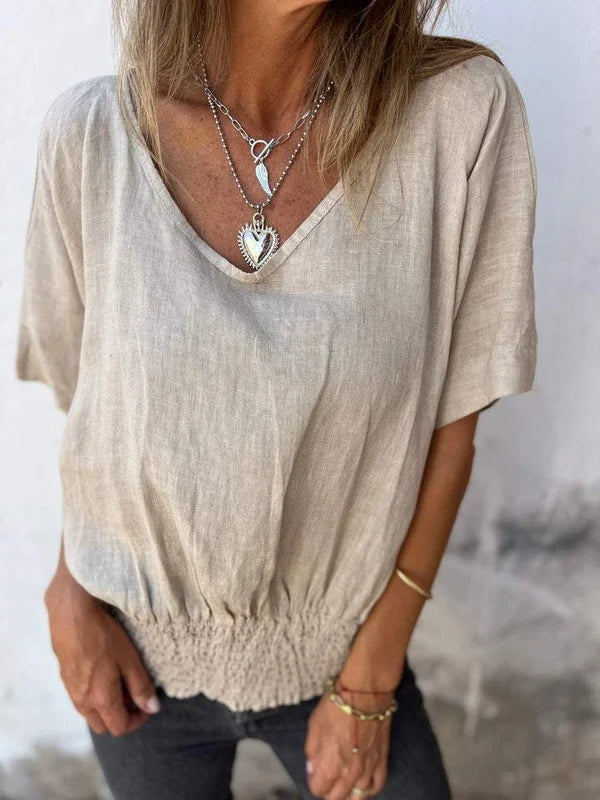 Ofelia | Top de algodón y lino con cuello en V y bajo fruncido