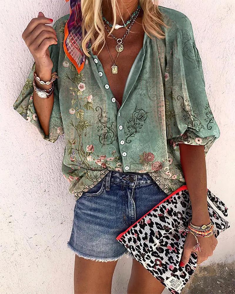 Noelia | Camisa Manga 3/4 Estampada Verde
