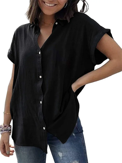 Rocío | Camisa casual de lino y algodón Tops vintage de manga corta