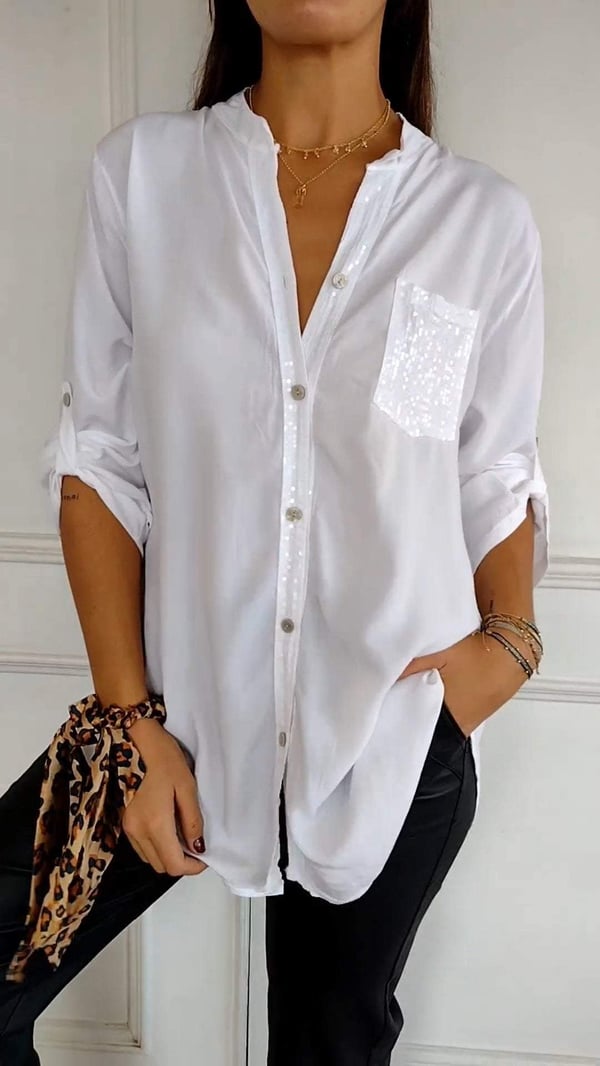 Selena | Top Casual de Algodón con Cuello en V y Manga Media de Lentejuelas