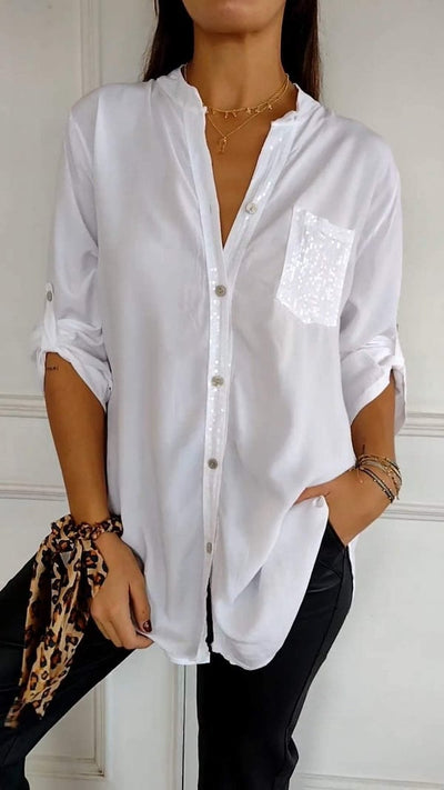 Selena | Top Casual de Algodón con Cuello en V y Manga Media de Lentejuelas