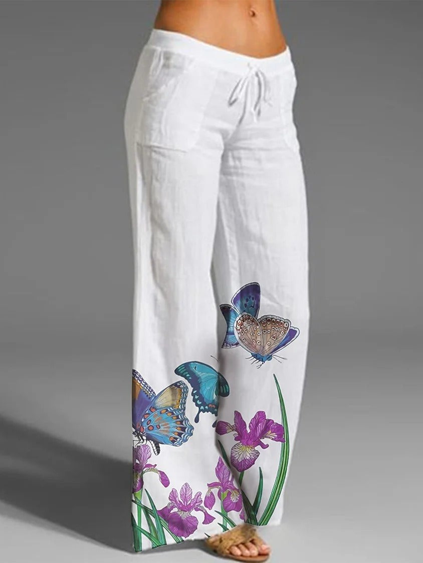 Sofía | Pantalón blanco con estampado de mariposas y diseño liviano