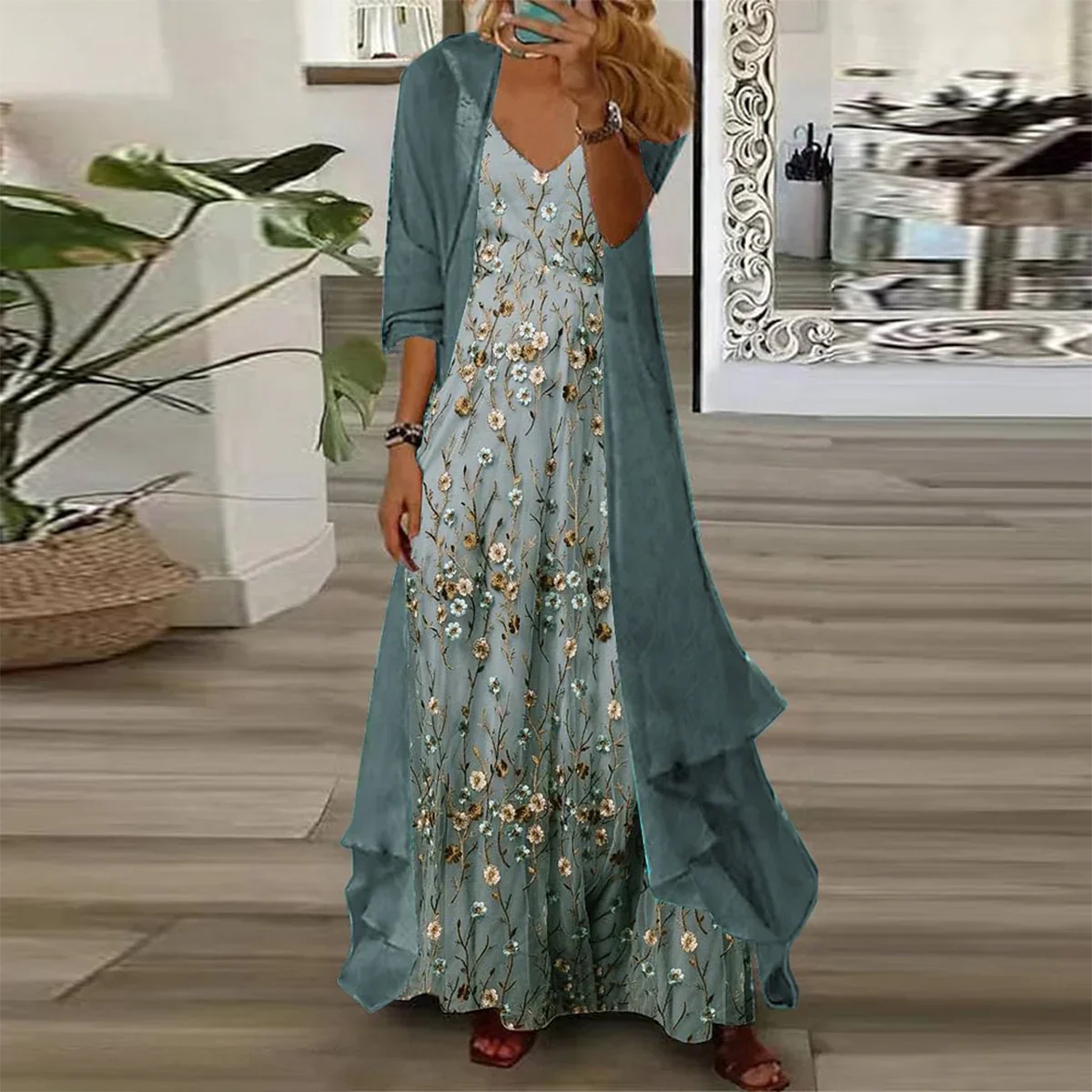 Yara | Conjunto juvenil Lucia: Maxivestido floral con chaqueta ligera, ¡perfecto para lucir espectacular!