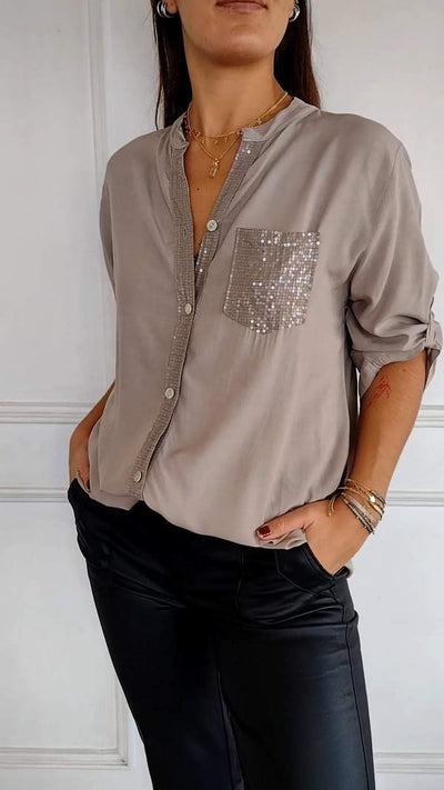 Selena | Top Casual de Algodón con Cuello en V y Manga Media de Lentejuelas