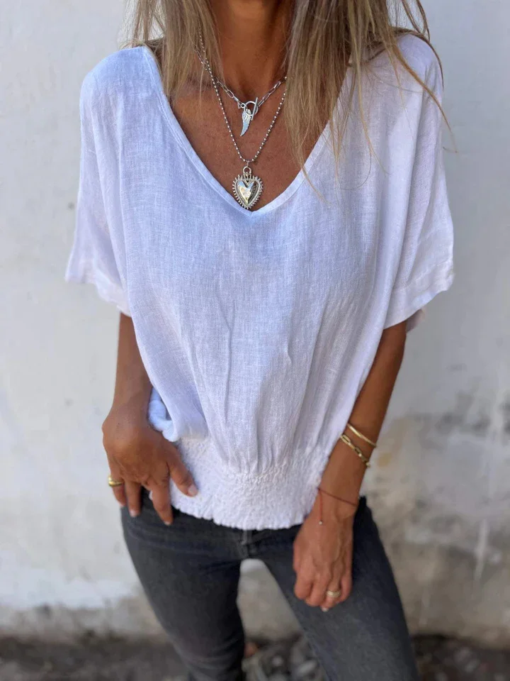 Natalia | Top informal de algodón y lino con cuello de pico para mujer