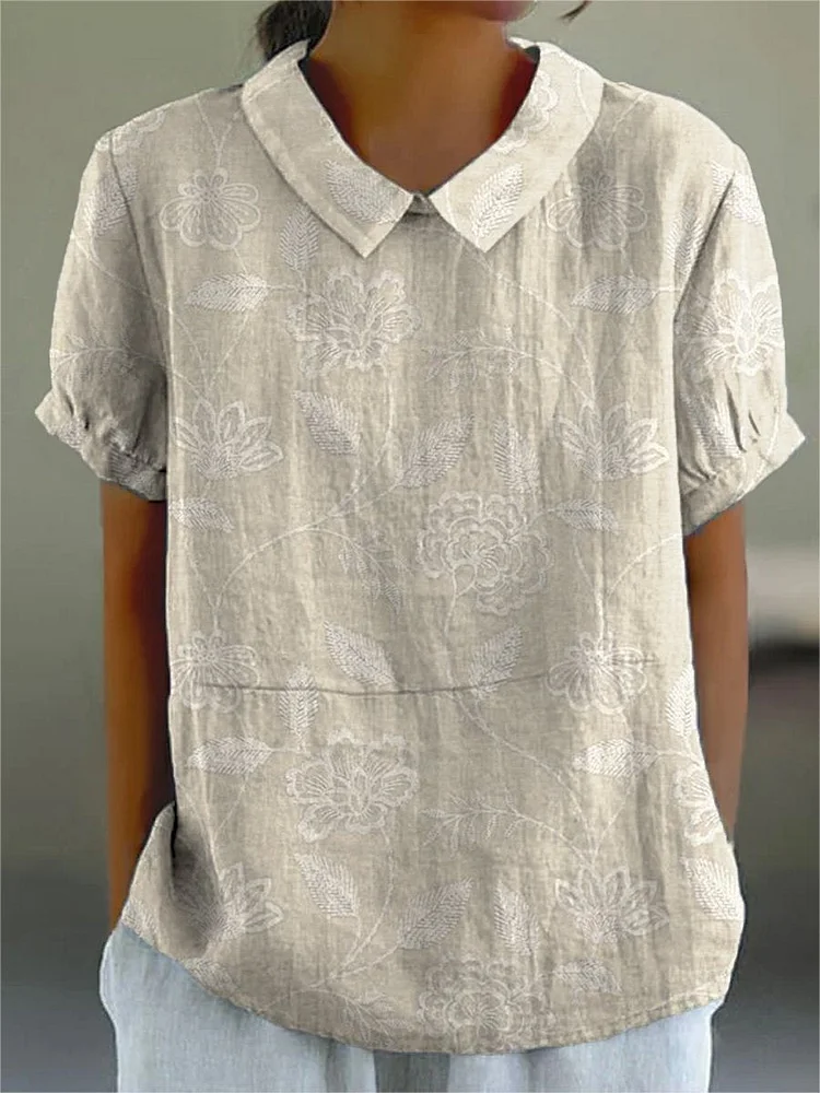 Rebeca | Camisa Informal de Algodón y Lino con Estampado Artístico Floral Vintage Para Mujer