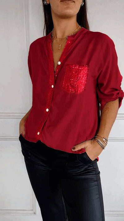 Selena | Top Casual de Algodón con Cuello en V y Manga Media de Lentejuelas
