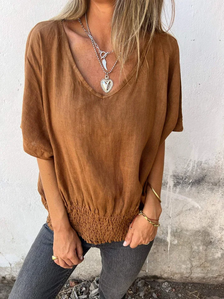 Natalia | Top informal de algodón y lino con cuello de pico para mujer