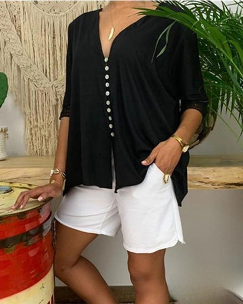 Claudia | Moda Botón Encaje Manga 3/4 Cuello en V Camisas Tops