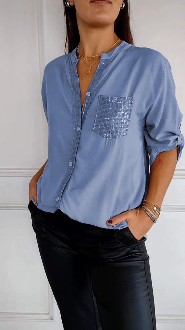 Selena | Top Casual de Algodón con Cuello en V y Manga Media de Lentejuelas