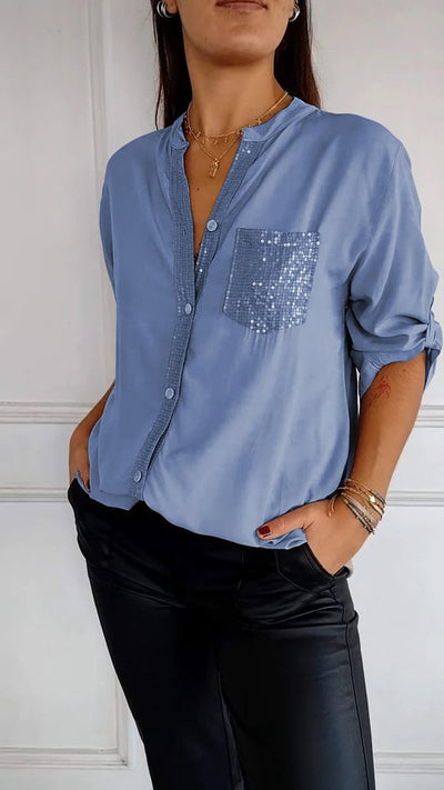 Selena | Top Casual de Algodón con Cuello en V y Manga Media de Lentejuelas