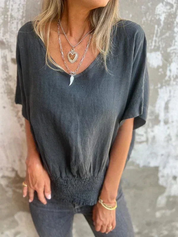 Ofelia | Top de algodón y lino con cuello en V y bajo fruncido