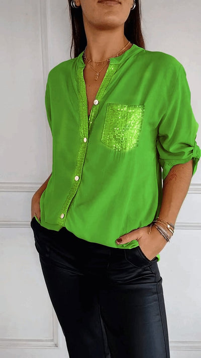Selena | Top Casual de Algodón con Cuello en V y Manga Media de Lentejuelas