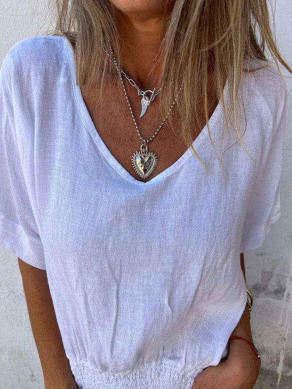 Ofelia | Top de algodón y lino con cuello en V y bajo fruncido