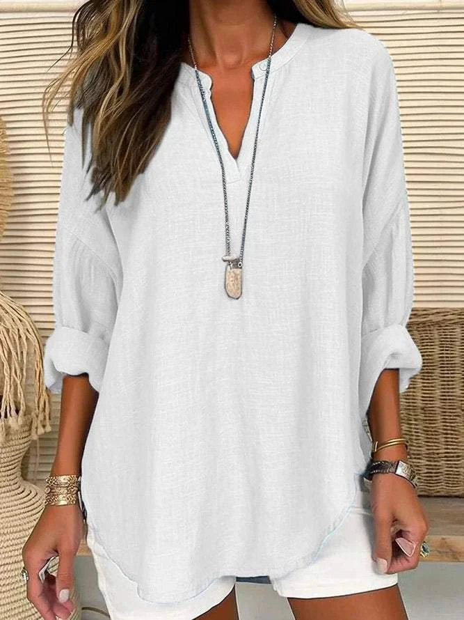 Yazmín | Camisa de manga larga regular fit con cuello en V, color liso, manga larga y corte holgado