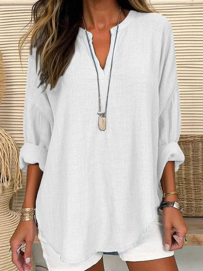 Yazmín | Camisa de manga larga regular fit con cuello en V, color liso, manga larga y corte holgado