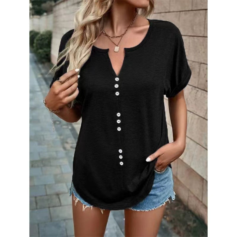 Claudia | Moda Botón Encaje Manga 3/4 Cuello en V Camisas Tops