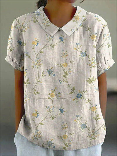 Leticia | Camisa casual de mujer de algodón y lino con estampado de flores frescas amarillas y azules