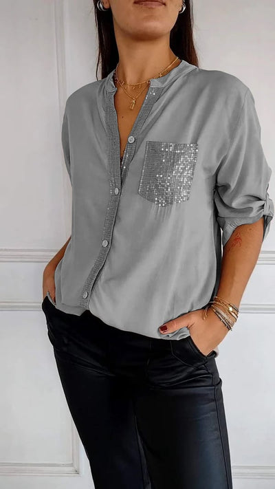 Selena | Top Casual de Algodón con Cuello en V y Manga Media de Lentejuelas