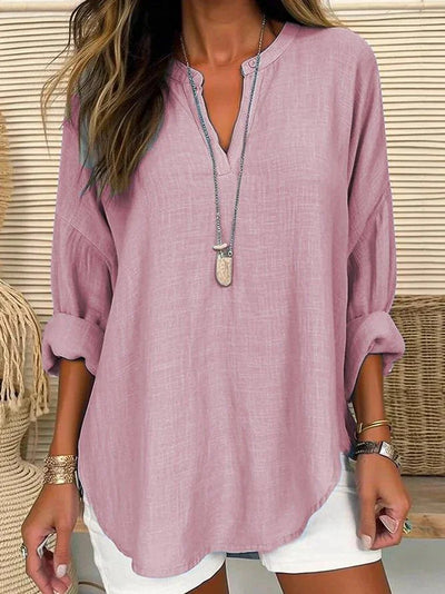 Yazmín | Camisa de manga larga regular fit con cuello en V, color liso, manga larga y corte holgado