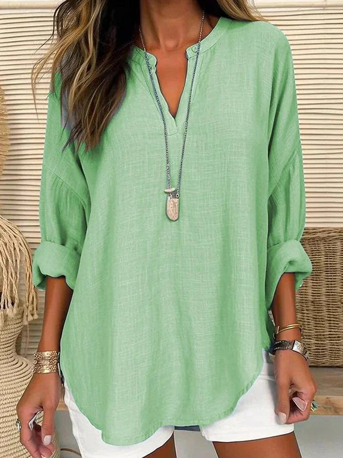 Yazmín | Camisa de manga larga regular fit con cuello en V, color liso, manga larga y corte holgado