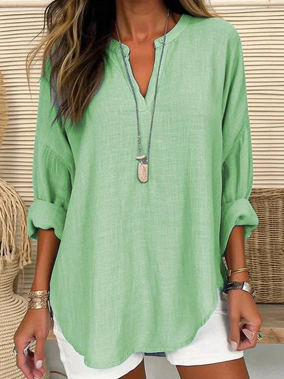 Yazmín | Camisa de manga larga regular fit con cuello en V, color liso, manga larga y corte holgado