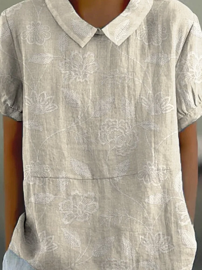 Rebeca | Camisa Informal de Algodón y Lino con Estampado Artístico Floral Vintage Para Mujer