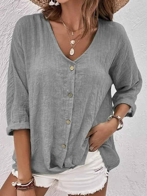 Silvia | Top de manga larga con cuello en V y botones cómodos de algodón y lino