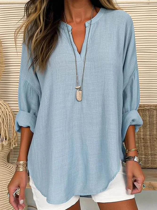 Yazmín | Camisa de manga larga regular fit con cuello en V, color liso, manga larga y corte holgado