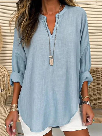 Yazmín | Camisa de manga larga regular fit con cuello en V, color liso, manga larga y corte holgado