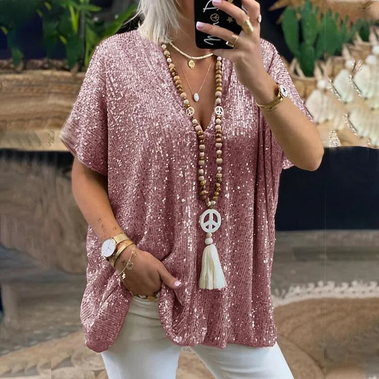 Isidora | Camiseta de lentejuelas con cuello de pico