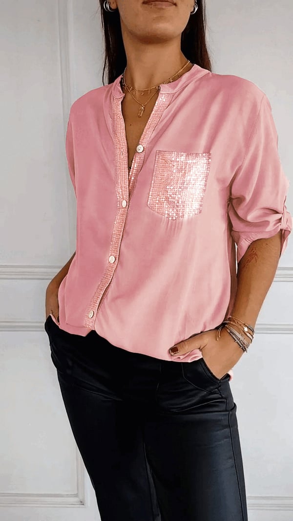 Selena | Top Casual de Algodón con Cuello en V y Manga Media de Lentejuelas