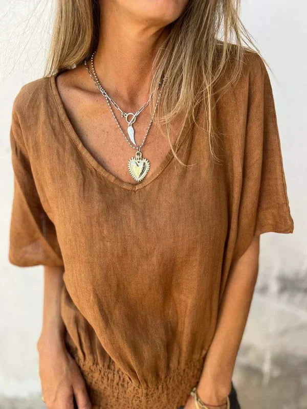 Ofelia | Top de algodón y lino con cuello en V y bajo fruncido