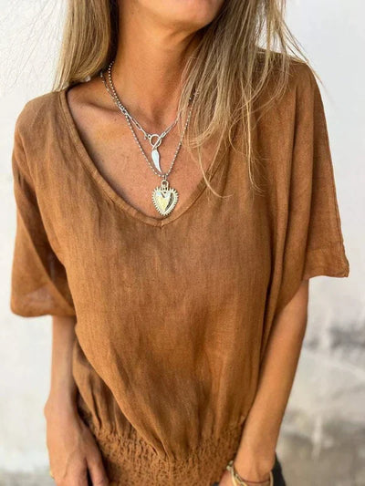 Ofelia | Top de algodón y lino con cuello en V y bajo fruncido