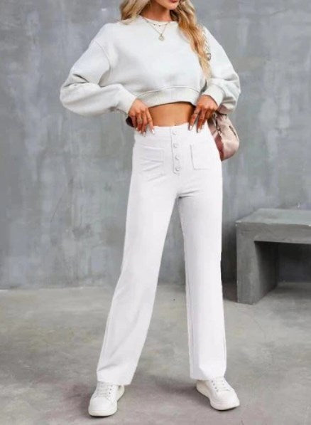 Paloma | Pantalón ancho de talle alto con botón decorativo