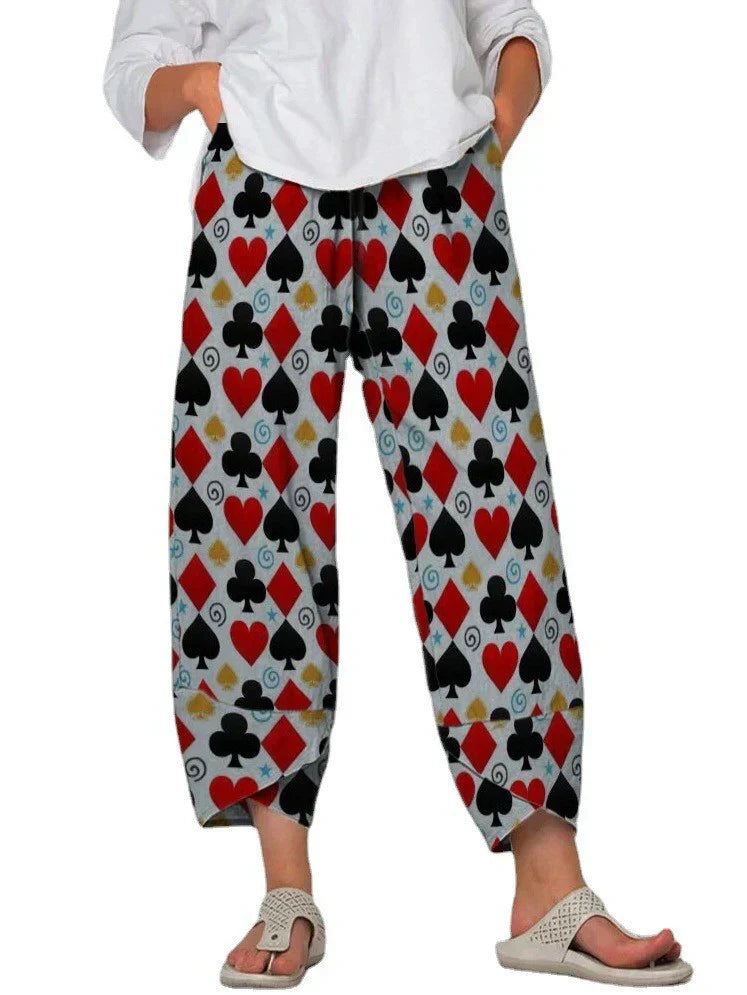 Pantalones sueltos de mujer Linda con cintura gris y llamativas costuras estampadas