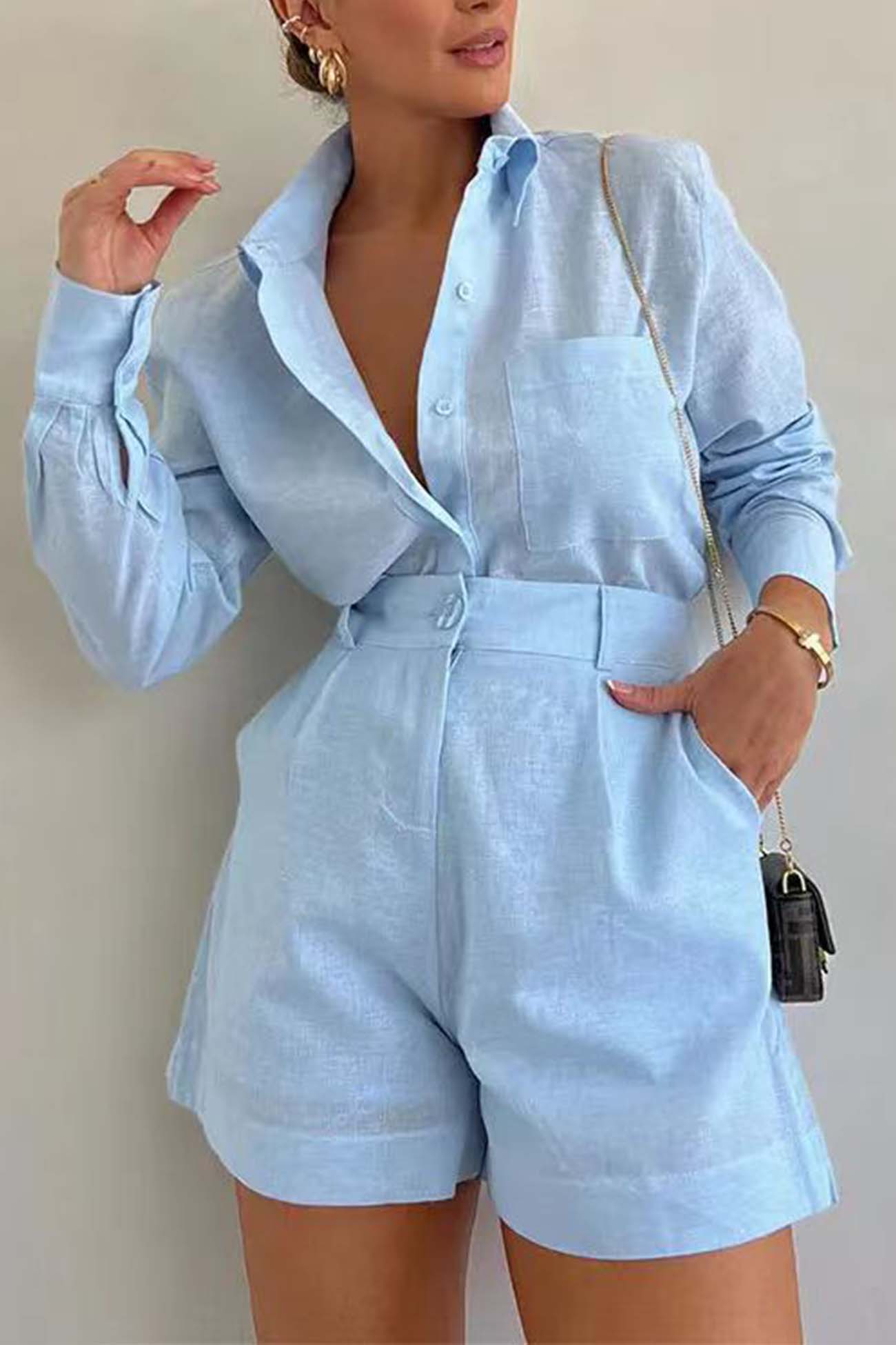 Irene | Traje de Camisa de Manga Larga con Pantalones Cortos de Color Liso