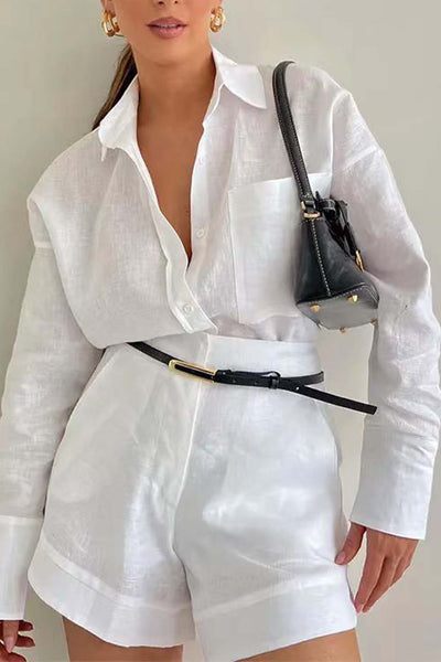 Irene | Traje de Camisa de Manga Larga con Pantalones Cortos de Color Liso