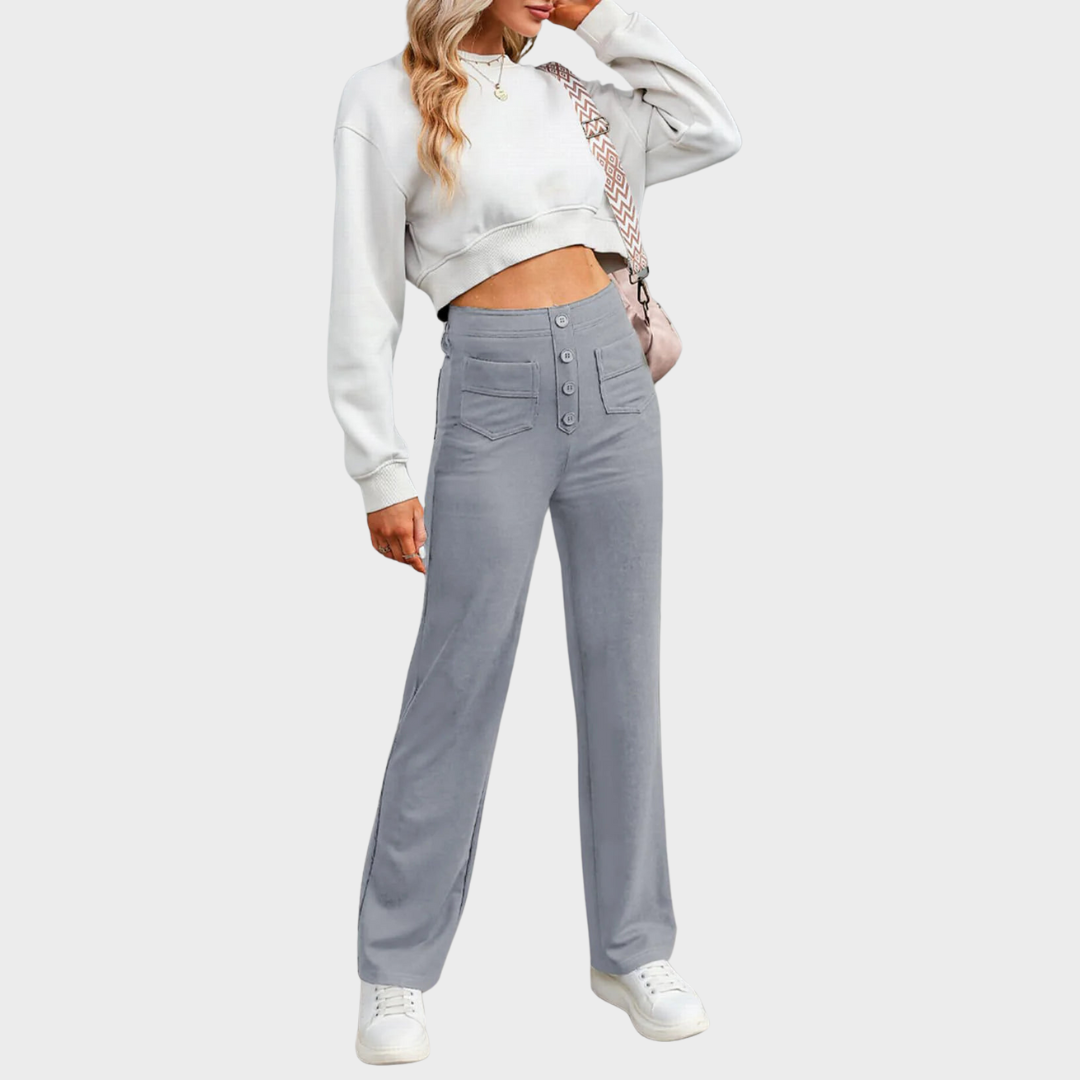 Paloma | Pantalón ancho de talle alto con botón decorativo