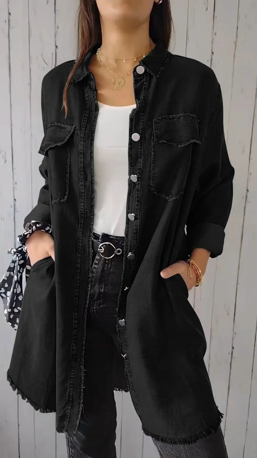 Lorena | Faux Denim Cómodo Abrigo Largo Camisa