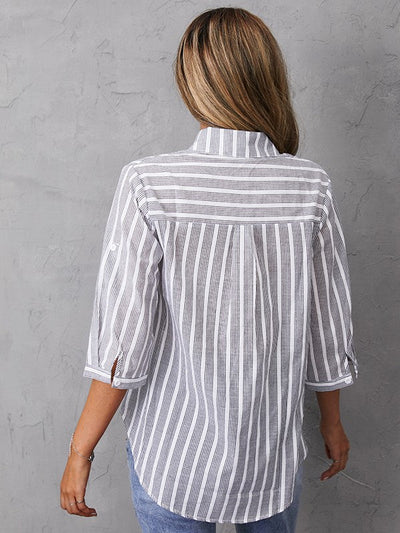 Lidia | Camisas y tops informales de media manga con cuello de pico y estampado de rayas