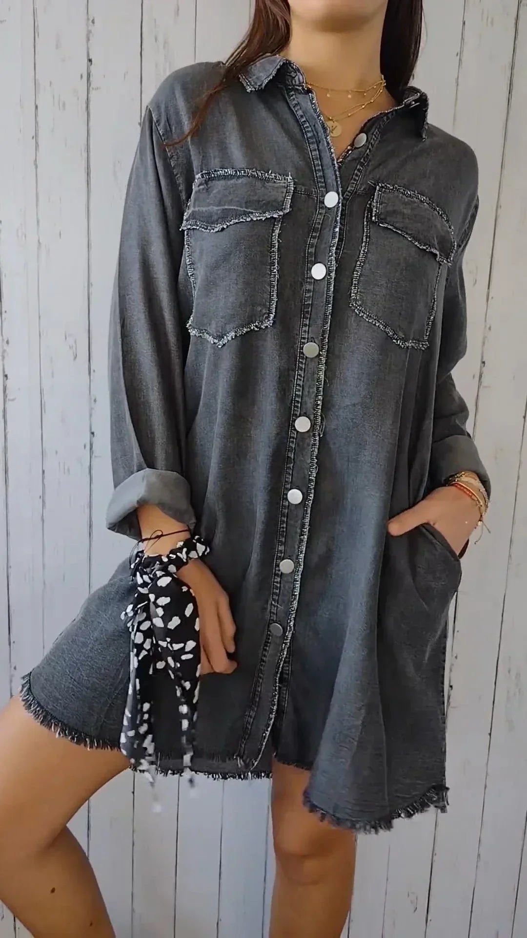 Lorena | Faux Denim Cómodo Abrigo Largo Camisa